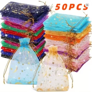BOLSA (50) ORGANZA CON CORDON-ESTRELLA Y LUNA 50 PZAS