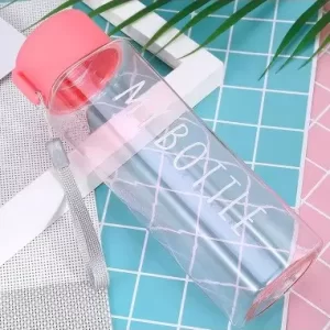 BOTELLA DE AGUA TRANSPARENTE CON TAPA ROSA